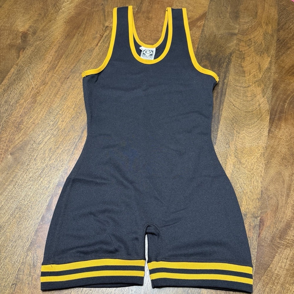 Vintage 90s Brute Wrestling Singlet Uniform Black Yellow Trim XS USA
